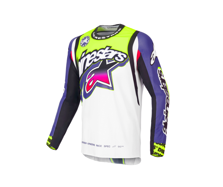 Camiseta Alpinestars Supertech Sx Dirt Studios Blanco Purpura Amarillo Fluor