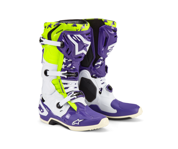 Botas Alpinestars Tech 10 Dirt Studios Blanco Purpura Amarillo Fluor